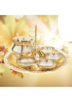EliteTouch Brass Pooja Thali with Kalash, Brass Diya, Spoon, Pooja Ghanti/Puja Bell /Katori Brass  (1 Pieces, Gold)