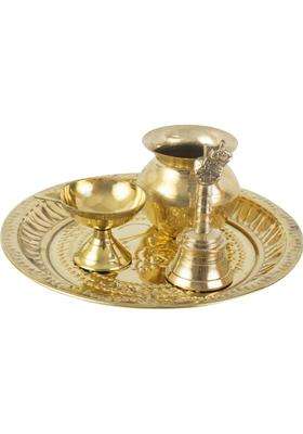 Spillbox Traditional Handcrafted Brass Thali/Aarti Plate for Pooja/Worship - Diya-Bell-Lota Brass  (1 Pieces, Gold)