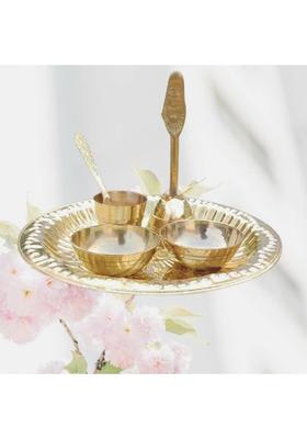 EliteTouch Brass Mandir Pooja Thali Pack | 2 Katori + Bell + Glass + Spoon Included Brass  (1 Pieces, Gold)