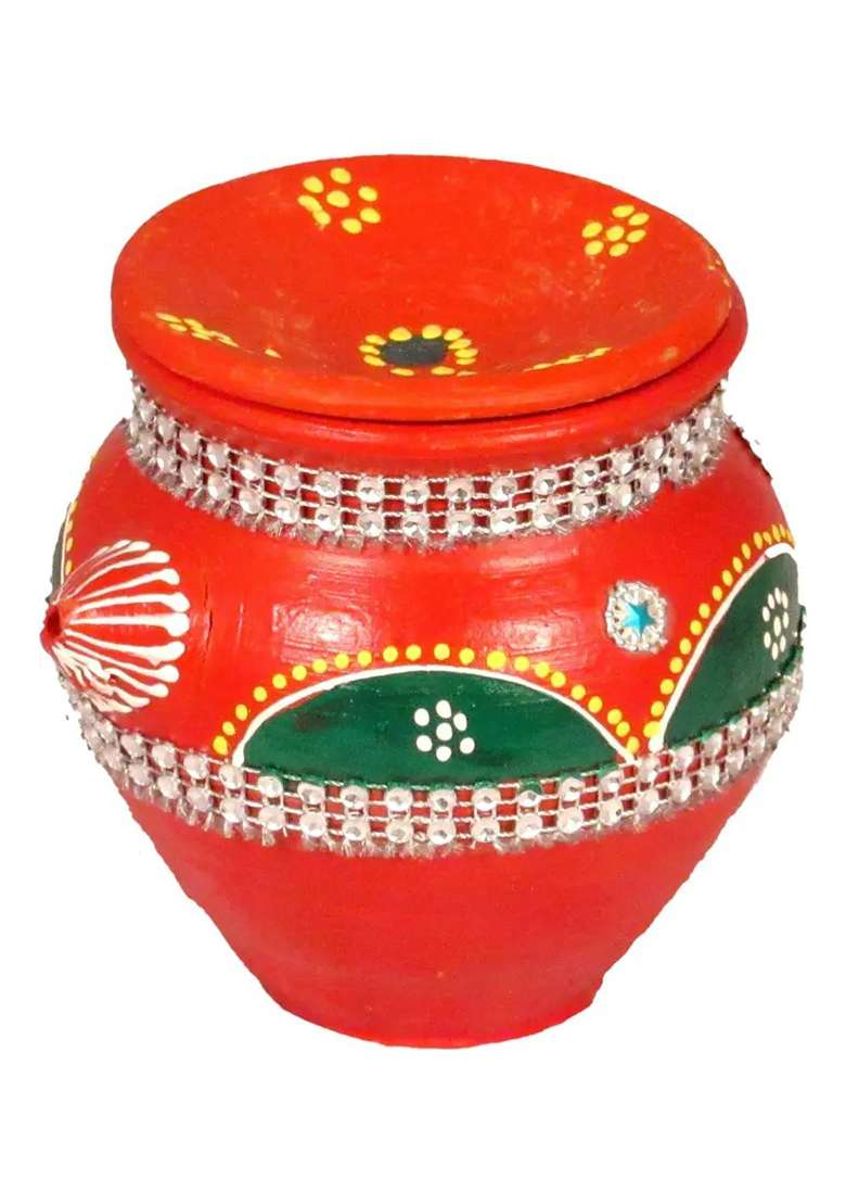 SUNINOW Designer Karwa for kawachauth pooja | karwa chauth katha Terracotta Kalash  (Green, Red) - Indya