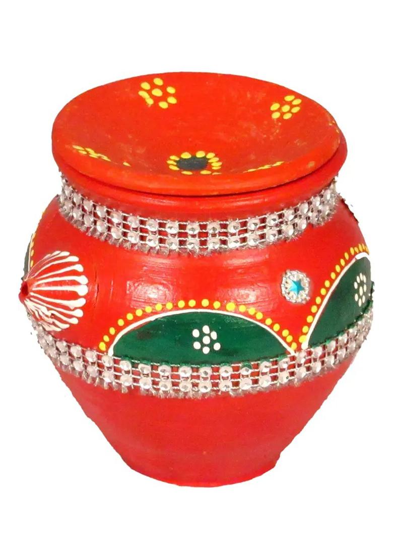 SUNINOW Designer Karwa for kawachauth pooja | karwa chauth katha Terracotta Kalash  (Green, Red) - Indya