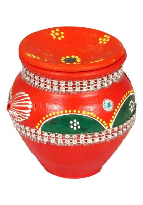 SUNINOW Designer Karwa for kawachauth pooja | karwa chauth katha Terracotta Kalash  (Green, Red)