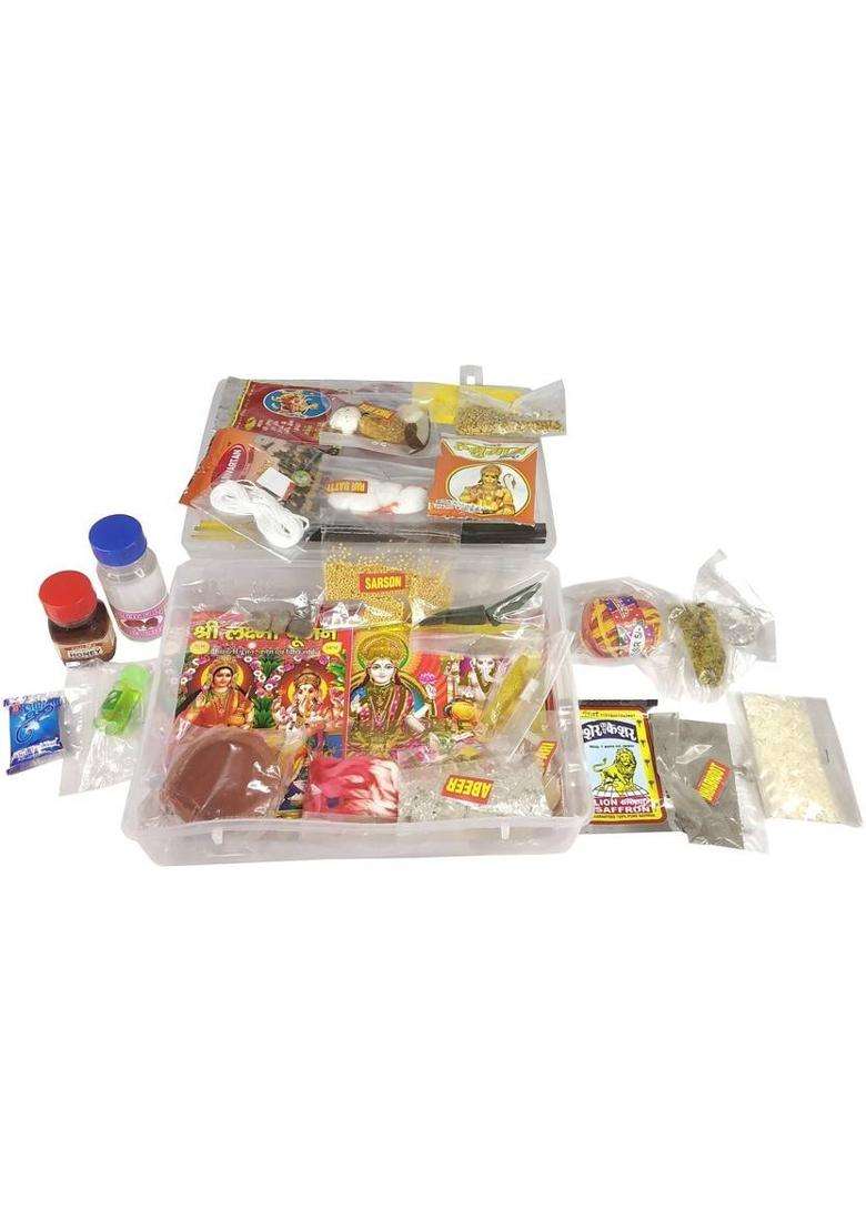 Utkarsh Box Pack of 31 Pooja Ingredients/items for Satyanarayan Puja/katha, Laxmi Poojan, Ganesh Chaturthi Poojan, Diwali/deepawali Poojan, Hawan Pooja, Navrata Pujan, Durga Pujan, Griha Pravesh Puja or House Warming Puja Plastic  (31 Pieces, Multicolor) - Indya