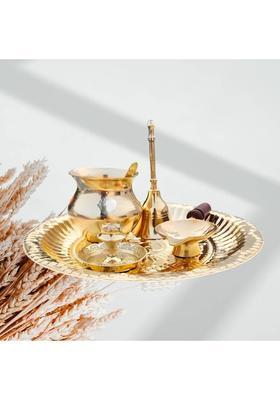 DARIDRA BHANJAN Brass Pooja Plate Set with Lota, Bell, Diya & Spoon || Aarti thali Brass  (1 Pieces, Gold)