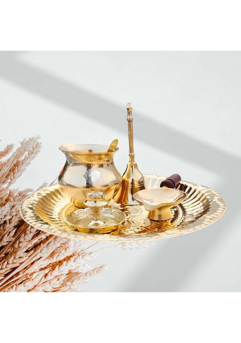 DARIDRA BHANJAN Brass Pooja Plate Set with Lota, Bell, Diya & Spoon || Aarti thali Brass  (1 Pieces, Gold) - Indya
