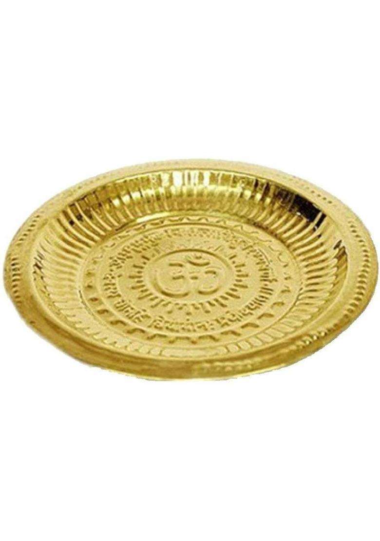 DARIDRA BHANJAN Brass Pooja Plate Set with Lota, Bell, Diya & Spoon || Aarti thali Brass  (1 Pieces, Gold) - Indya