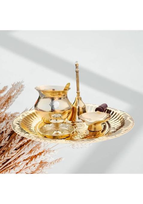 DARIDRA BHANJAN Brass Pooja Plate Set with Lota, Bell, Diya & Spoon || Aarti thali Brass  (1 Pieces, Gold)