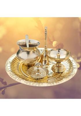 DARIDRA BHANJAN Brass Mandir Thali with Akhand Diya, Puja ghanti, Lota, Spoon & Agarbatti Stand Brass  (1 Pieces, Gold)