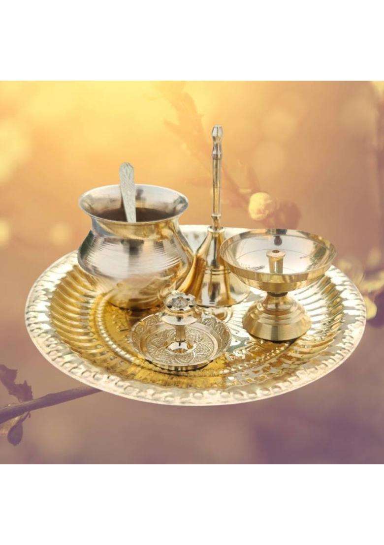 DARIDRA BHANJAN Brass Mandir Thali with Akhand Diya, Puja ghanti, Lota, Spoon & Agarbatti Stand Brass  (1 Pieces, Gold) - Indya