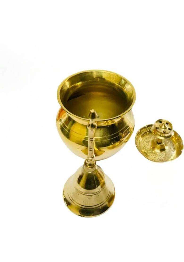 DARIDRA BHANJAN Brass Mandir Thali with Akhand Diya, Puja ghanti, Lota, Spoon & Agarbatti Stand Brass  (1 Pieces, Gold) - Indya
