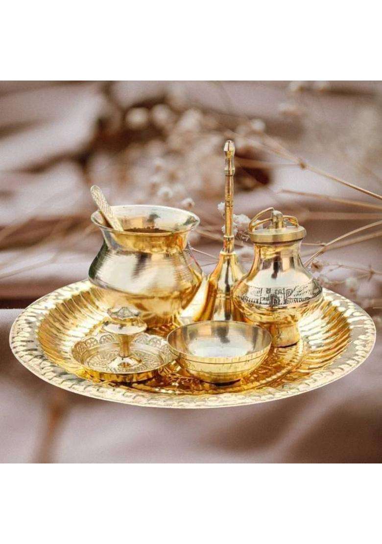 EliteTouch Complete Brass Puja Set | Lota, Katori, Bell, Gangajali & Incense Holder Plate Brass  (1 Pieces, Gold) - Indya