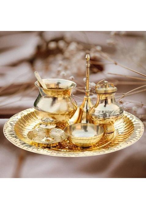 EliteTouch Complete Brass Puja Set | Lota, Katori, Bell, Gangajali & Incense Holder Plate Brass  (1 Pieces, Gold)