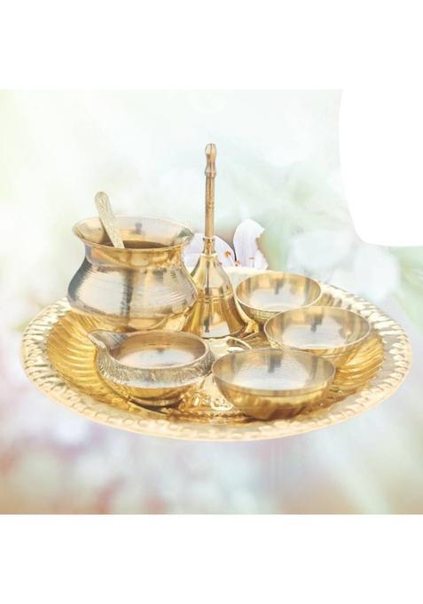 EliteTouch Brass Puja Set with Thali, Kuber Diya, Bell, Brass Lota & Katori(Set of 3) Brass  (1 Pieces, Gold)