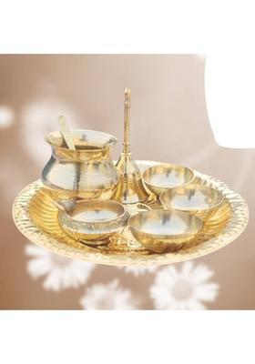 Yashodanandan Brass Mandir Puja Set with Thali, Kuber Diya, Bell, Katori, Kalash/Brass Lota Brass  (1 Pieces, Gold)