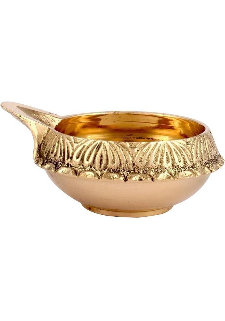 Yashodanandan Brass Mandir Puja Set with Thali, Kuber Diya, Bell, Katori, Kalash/Brass Lota Brass  (1 Pieces, Gold) - Indya
