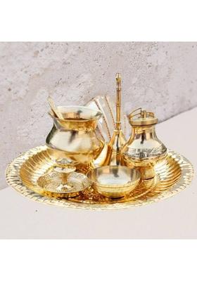 EliteTouch Brass Mandir Pooja Thali | Lota Katori Ghanti Ganga Jal Loti & agarbatti Stand Brass  (1 Pieces, Gold)