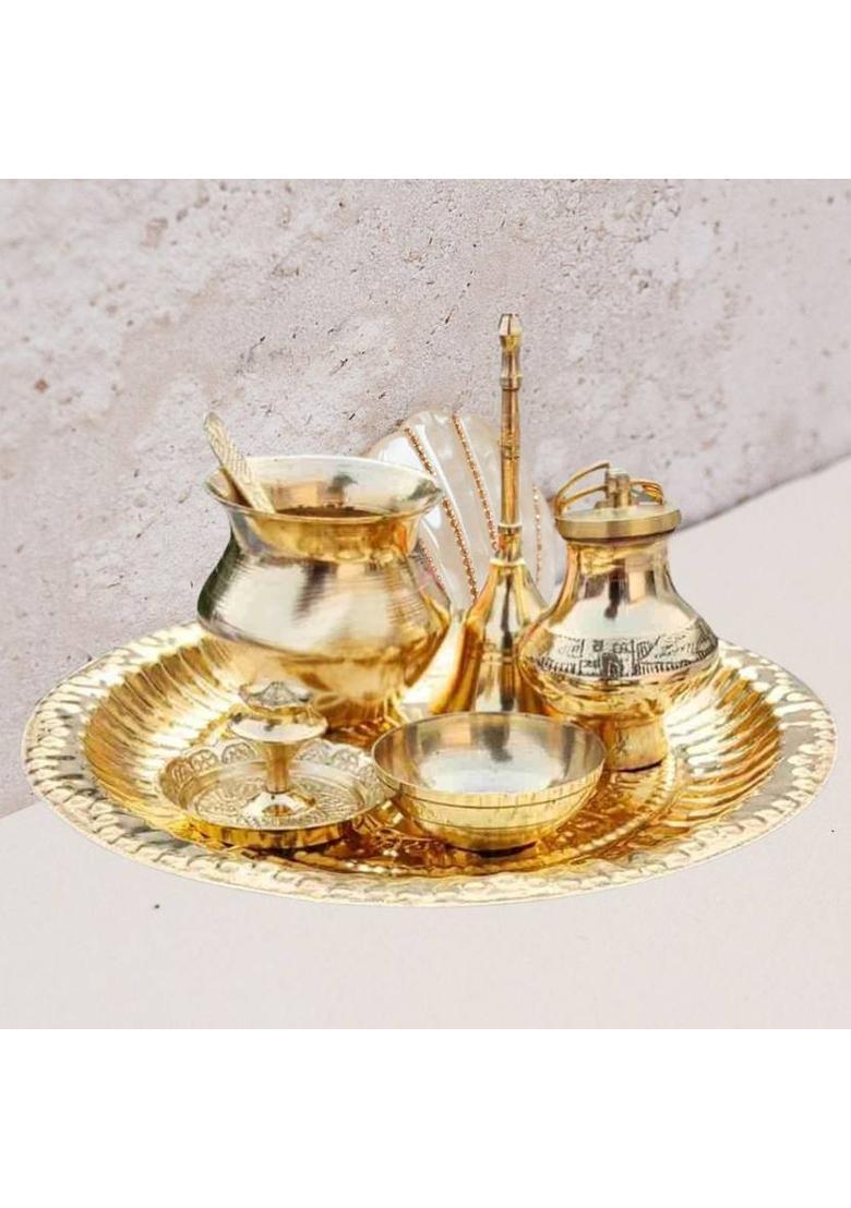 EliteTouch Brass Mandir Pooja Thali | Lota Katori Ghanti Ganga Jal Loti & agarbatti Stand Brass  (1 Pieces, Gold) - Indya