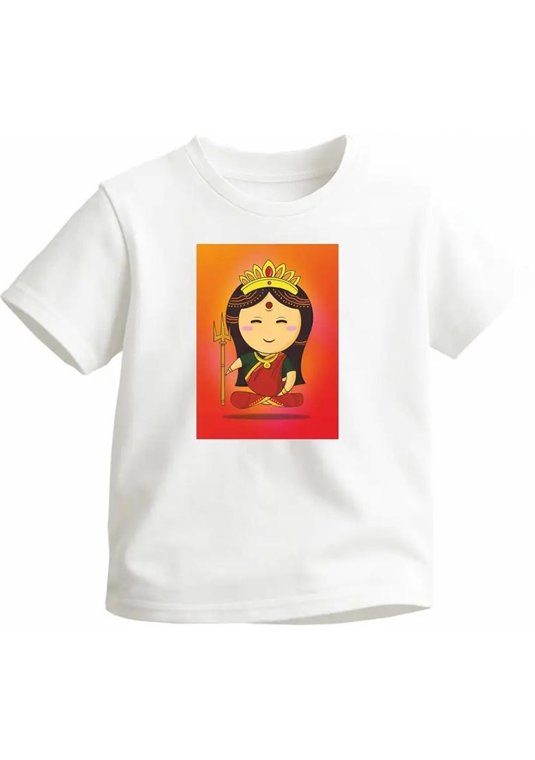 Boys & Girls Printed Pure Cotton Regular T Shirt  (White, Pack of 1) - Indya