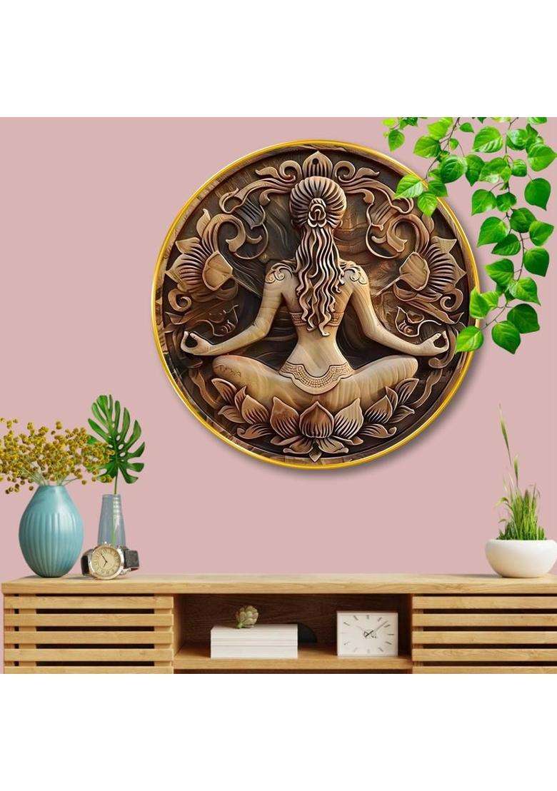 saf Meditation Yoga 3D Round Wall Art for Home & Spiritual Decor Digital Reprint 16 inch x 16 inch Painting  (With Frame) - Indya