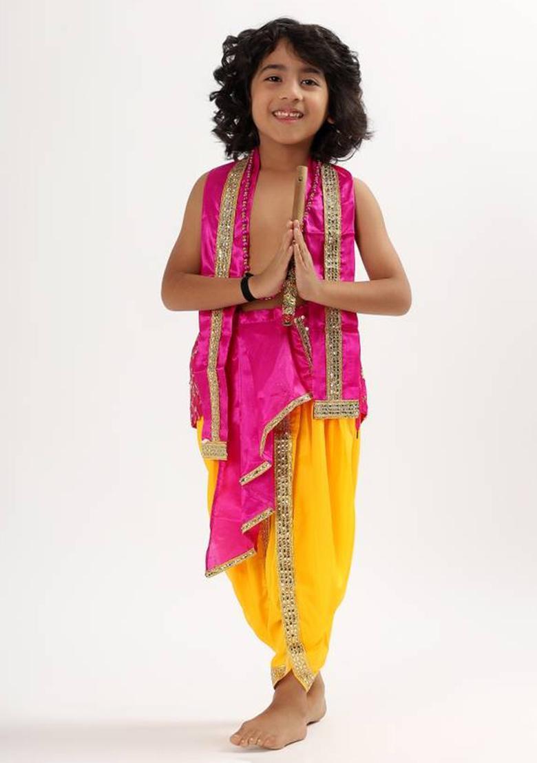UNIECROUNE KIDS Lord krishna kids dress with maala and flute 3 months to 8 years Kids Costume Wear - Indya