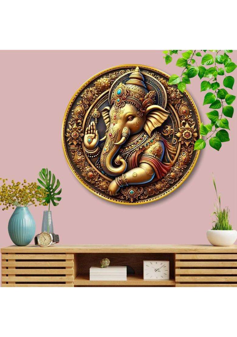 saf Golden Lord Ganesha 3D Round Wall Art for Home & Spiritual Decor Digital Reprint 16 inch x 16 inch Painting  (With Frame) - Indya