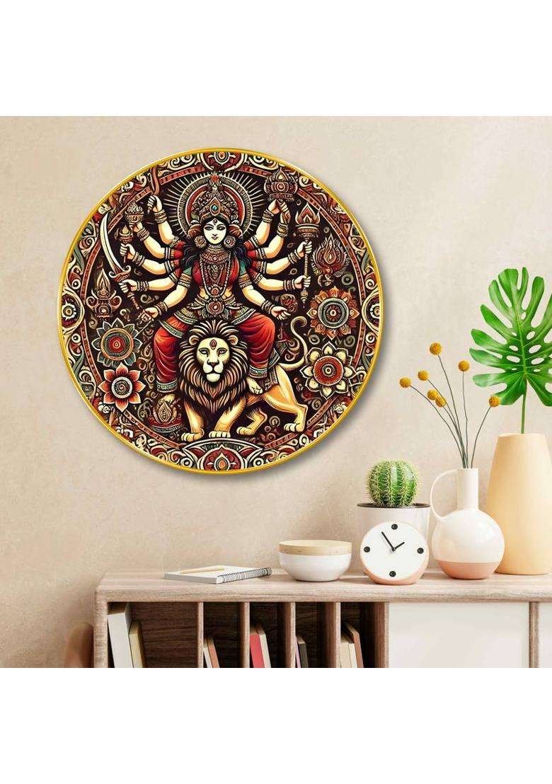 saf Maa Durga 3D Round Wall Art for Home Temple & Spiritual Decor Digital Reprint 16 inch x 16 inch Painting  (With Frame) - Indya