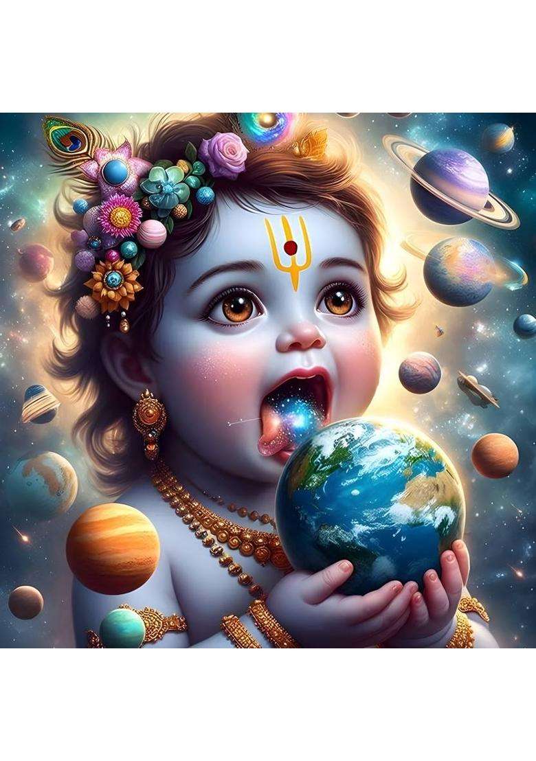 YMGRAPHICS 45 cm Little Baby Krishna Spiritual Wall Poster For Pooja Room, Living Room, Kids Room Self Adhesive Sticker  (Pack of 1) - Indya