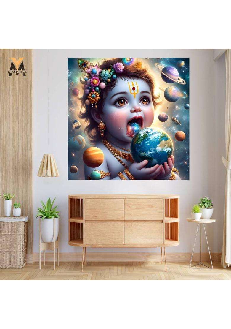 YMGRAPHICS 45 cm Little Baby Krishna Spiritual Wall Poster For Pooja Room, Living Room, Kids Room Self Adhesive Sticker  (Pack of 1) - Indya