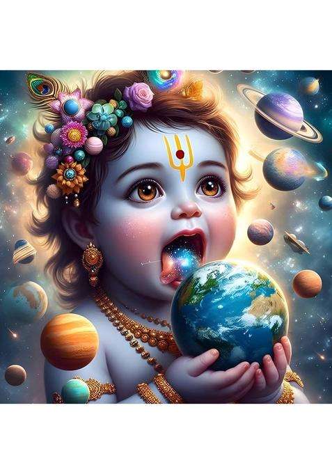 YMGRAPHICS 45 cm Little Baby Krishna Spiritual Wall Poster For Pooja Room, Living Room, Kids Room Self Adhesive Sticker  (Pack of 1)