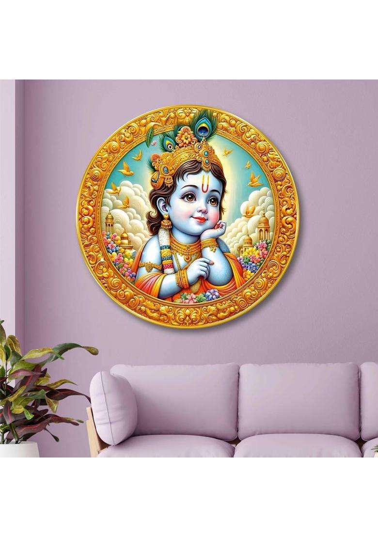 saf Bal Krishna 3D Round Wall Art for Home Temple & Spiritual Decor Digital Reprint 20 inch x 20 inch Painting  (With Frame) - Indya
