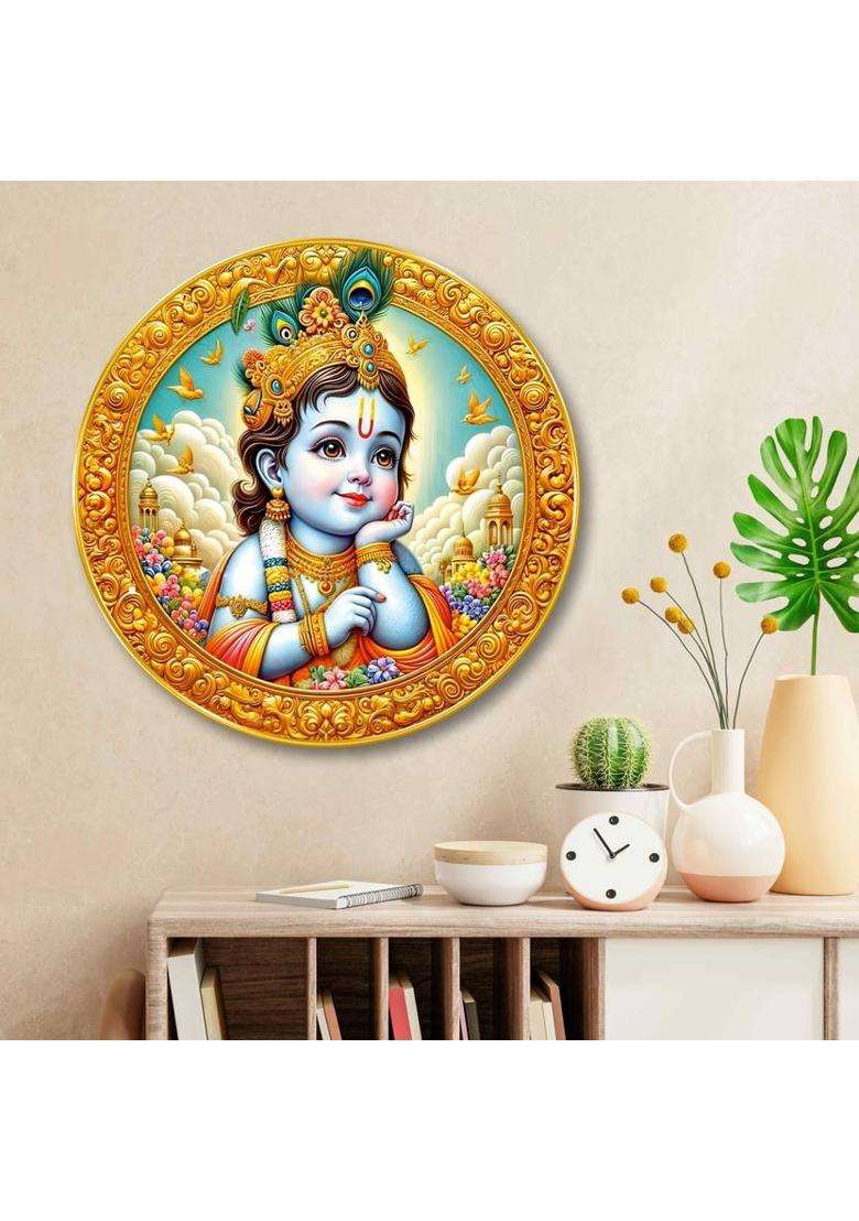 saf Bal Krishna 3D Round Wall Art for Home Temple & Spiritual Decor Digital Reprint 20 inch x 20 inch Painting  (With Frame) - Indya
