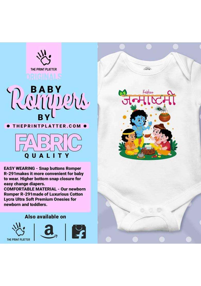 Romper For Baby Boys & Baby Girls Graphic Print Pure Cotton  (White, Pack of 1) - Indya