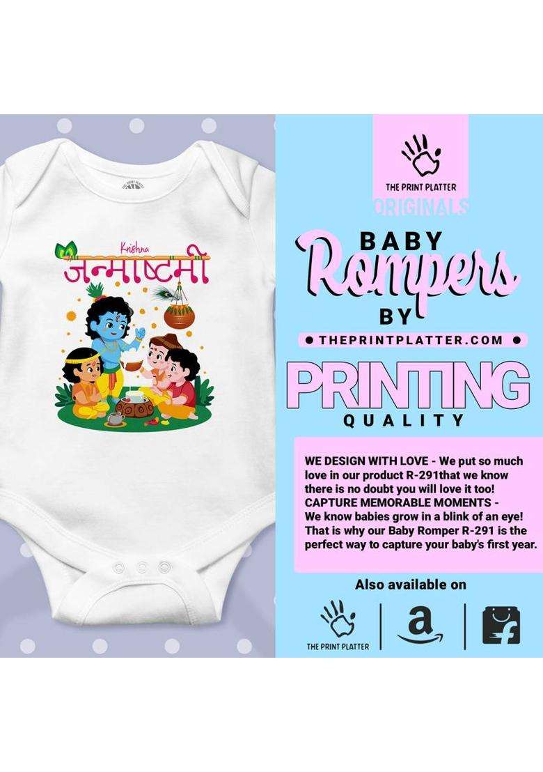 Romper For Baby Boys & Baby Girls Graphic Print Pure Cotton  (White, Pack of 1) - Indya