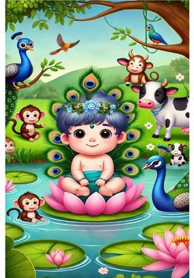 Divine Bliss: Lord Krishna Ji Poster for Home Decor | Spiritual Hindu God Wall Art | Temple Decoration & Devotional Gift Paper Print  (18 inch X 12 inch, Rolled)