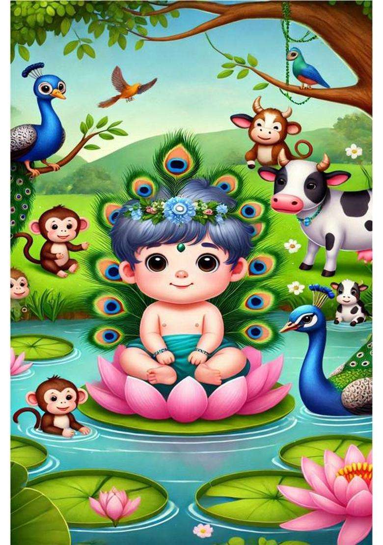 Divine Bliss: Lord Krishna Ji Poster for Home Decor | Spiritual Hindu God Wall Art | Temple Decoration & Devotional Gift Paper Print  (18 inch X 12 inch, Rolled) - Indya