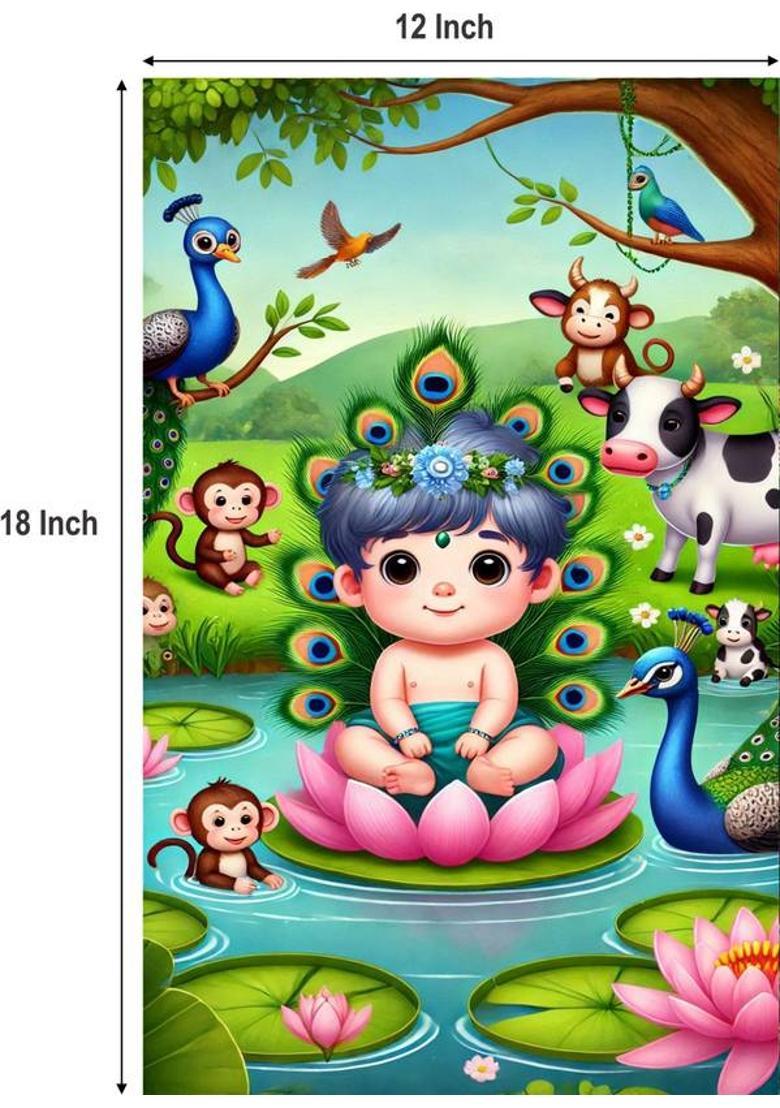 Divine Bliss: Lord Krishna Ji Poster for Home Decor | Spiritual Hindu God Wall Art | Temple Decoration & Devotional Gift Paper Print  (18 inch X 12 inch, Rolled) - Indya