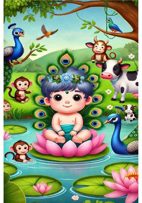 Divine Bliss: Lord Krishna Ji Poster for Home Decor | Spiritual Hindu God Wall Art | Temple Decoration & Devotional Gift Paper Print  (18 inch X 12 inch, Rolled)