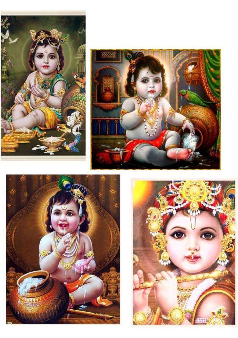WallHunt 93 cm Bal krishna posters wall stickers for bedroom,living,kids room etc Self Adhesive Sticker  (Pack of 4) - Indya