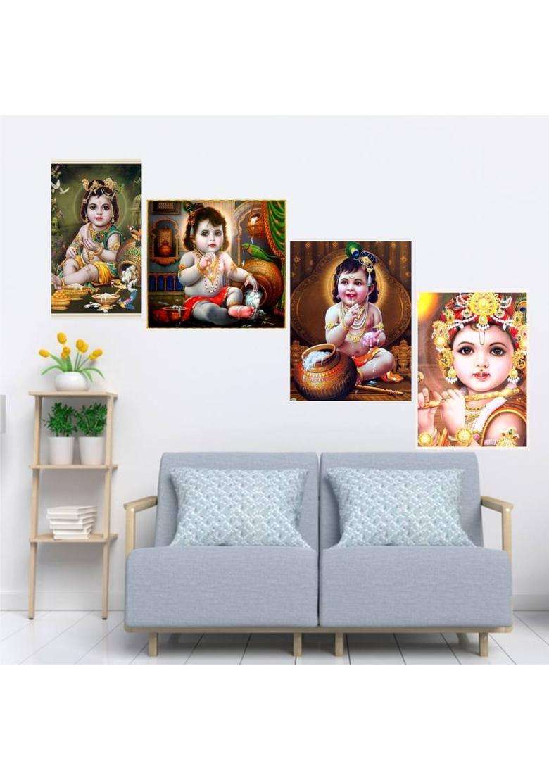 WallHunt 93 cm Bal krishna posters wall stickers for bedroom,living,kids room etc Self Adhesive Sticker  (Pack of 4) - Indya