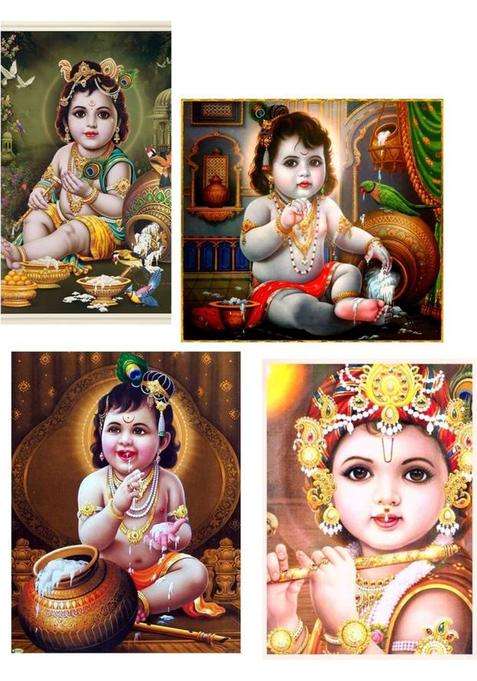 WallHunt 93 cm Bal krishna posters wall stickers for bedroom,living,kids room etc Self Adhesive Sticker  (Pack of 4)