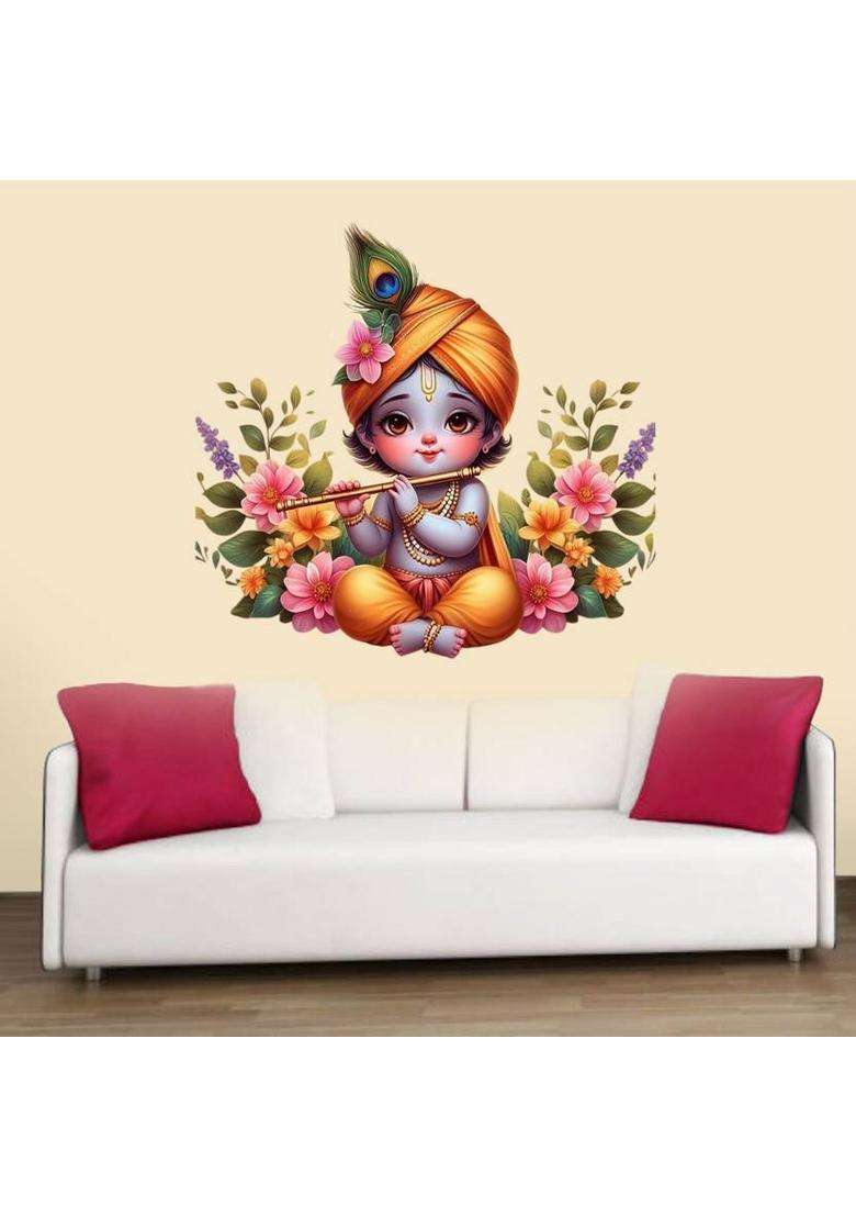 RUDRADECOR 46 cm Cute krishna With Flowers and leaves wall sticker for living room Self Adhesive Sticker  (Pack of 1) - Indya