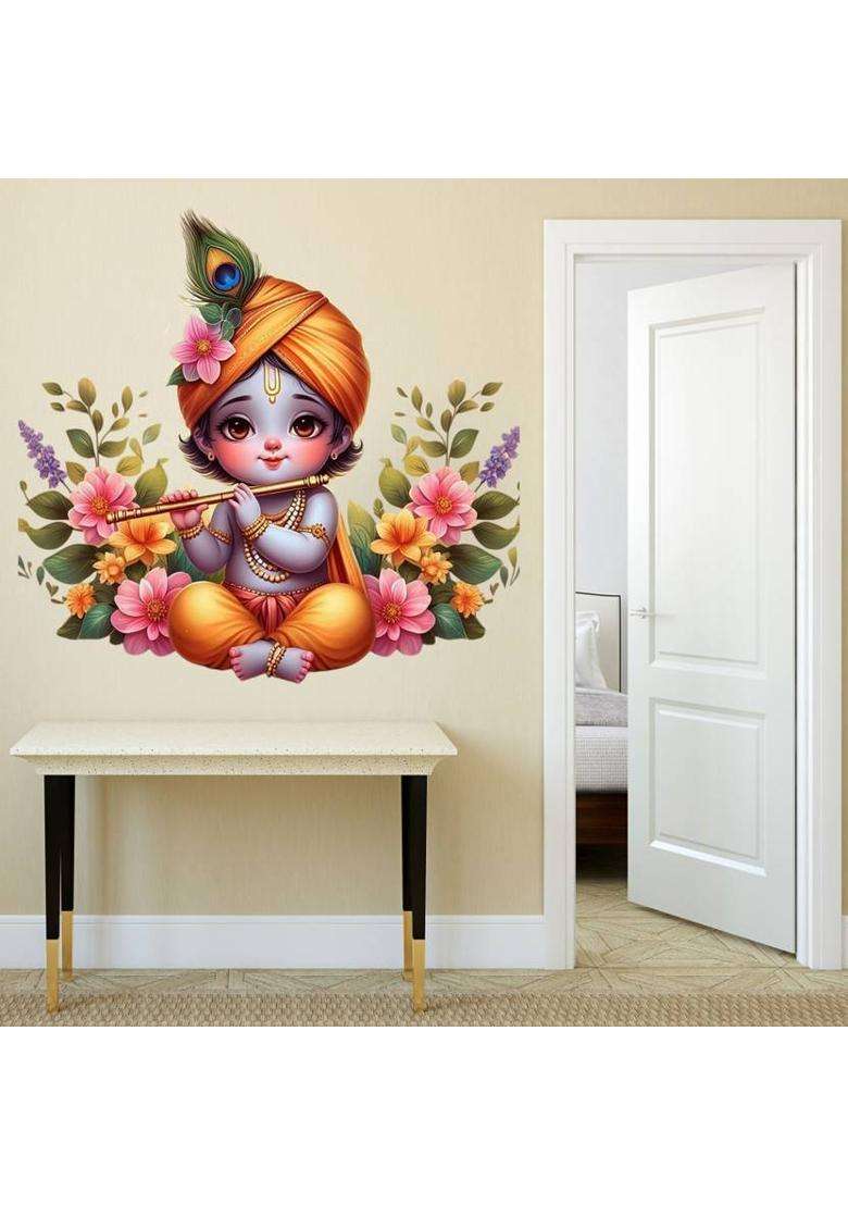 RUDRADECOR 46 cm Cute krishna With Flowers and leaves wall sticker for living room Self Adhesive Sticker  (Pack of 1) - Indya