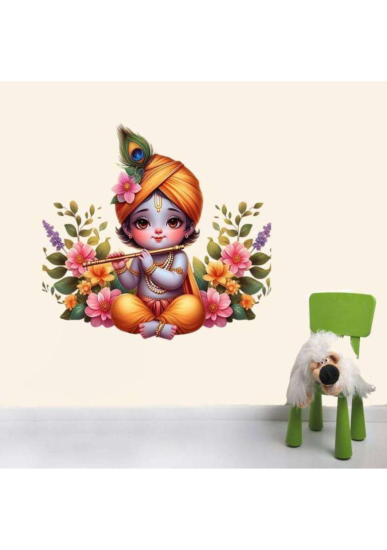 RUDRADECOR 46 cm Cute krishna With Flowers and leaves wall sticker for living room Self Adhesive Sticker  (Pack of 1) - Indya