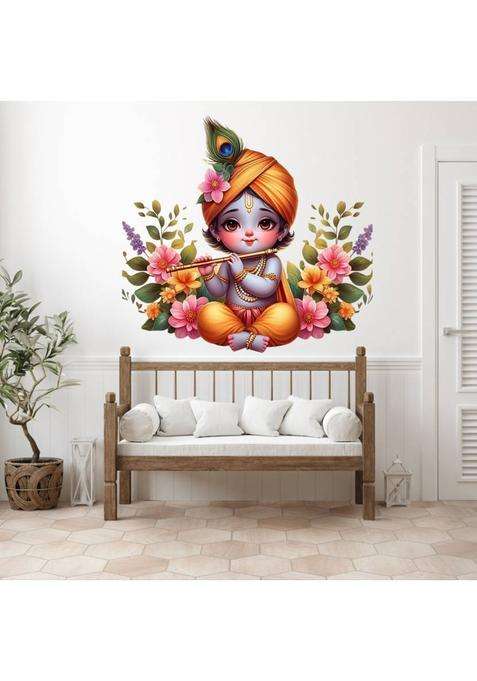 RUDRADECOR 46 cm Cute krishna With Flowers and leaves wall sticker for living room Self Adhesive Sticker  (Pack of 1)