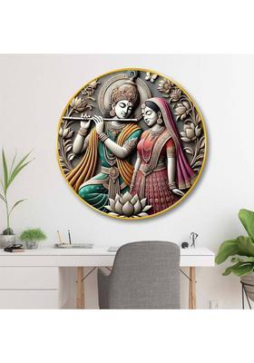 saf Radha Krishna 3D Round Wall Art for Home, Living Room & Spiritual Decor Digital Reprint 23 inch x 23 inch Painting  (With Frame)