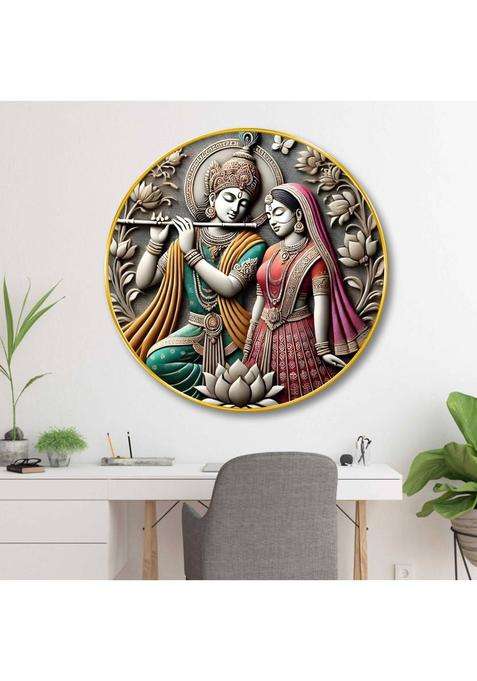saf Radha Krishna 3D Round Wall Art for Home, Living Room & Spiritual Decor Digital Reprint 23 inch x 23 inch Painting  (With Frame)