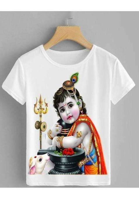 Boys & Girls Typography, Printed Polyester Regular T Shirt  (White, Pack of 1)