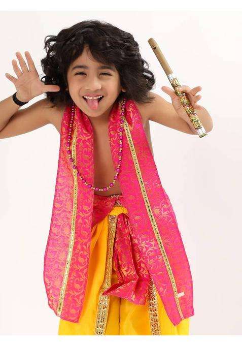 ECOM FASHION HUB Lord Krishna kids dress with mala and flute for 3m to 8 years Kids Costume Wear