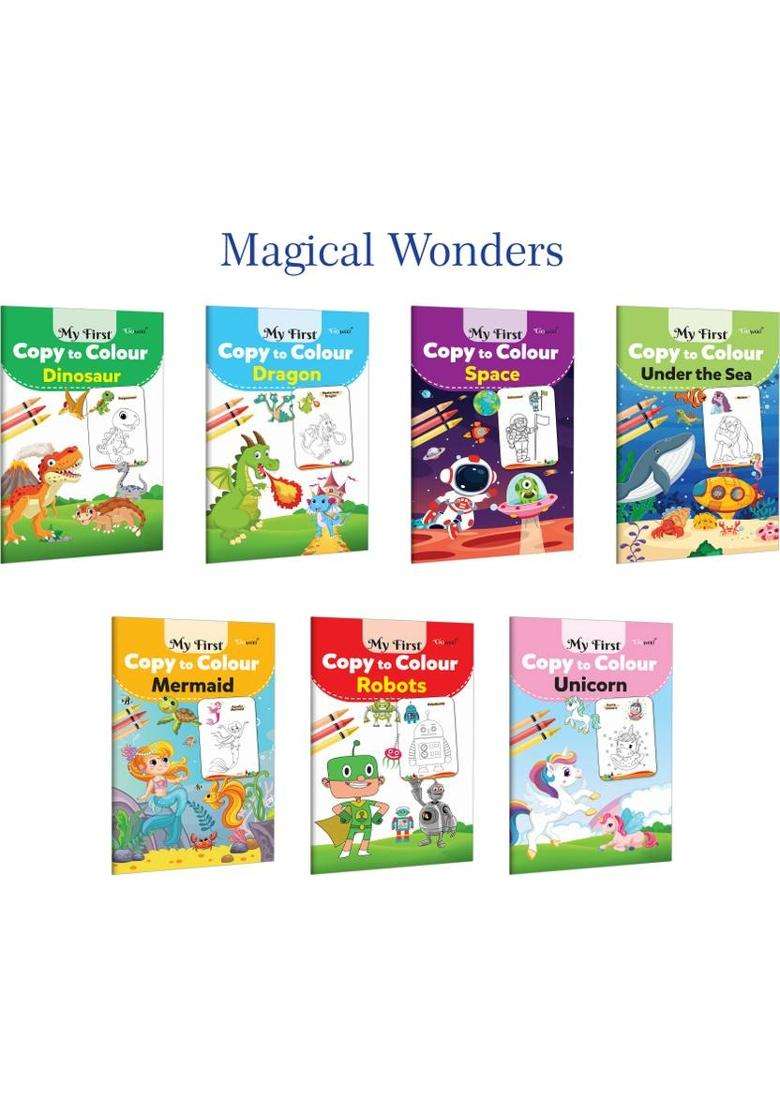 My First Copy To Colour - Dinosaur, Dragon, Space And More :- Prehistoric And Fantasy Themes, Ocean And Mermaid Colouring, Fun Creative Set For Kids | Combo Of 7 Books  (Paperback, GOWOO) - Indya
