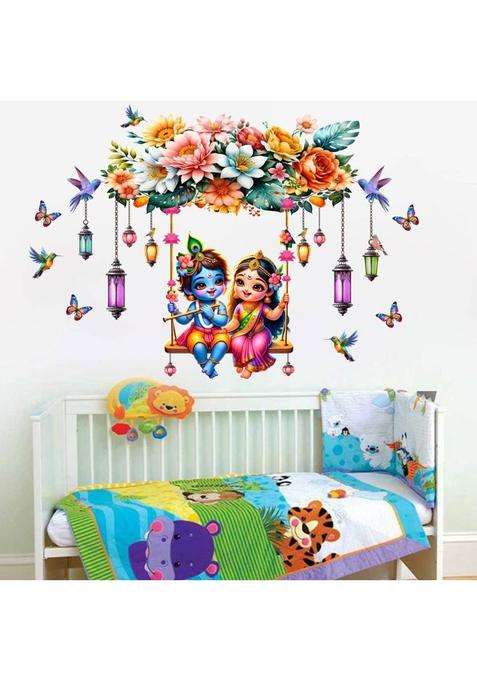 VCREATE DECOR 110 cm Cute Little Radha Krishna Butterflies Flower Wall Sticker Reusable Sticker  (Pack of 1)